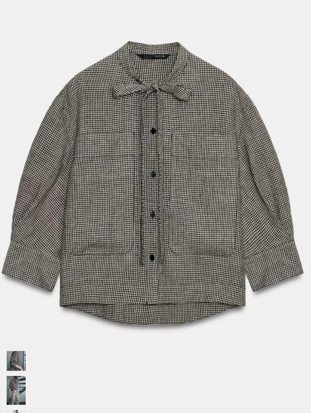 ZARA 100% Linen Plaid Tie Neck Blouse/Shirt S NWT